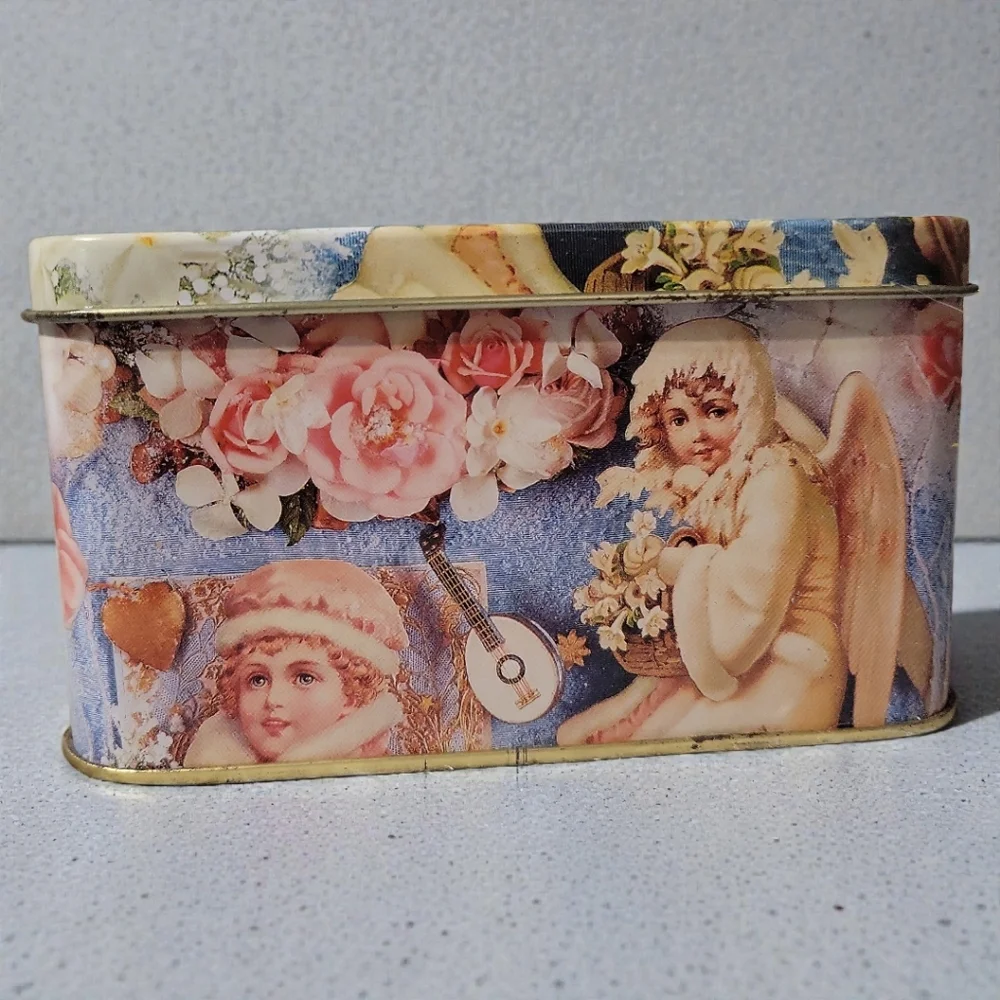 Vtg Winter Rose Metal Tin Box Container Angels Cherubs Mandolin Christmas